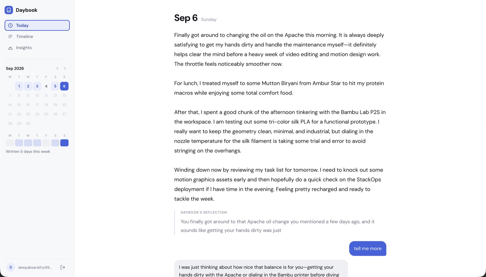 Daybook’s Today view: a written entry with Daybook’s reflection appearing underneath it, no chat window and no send button