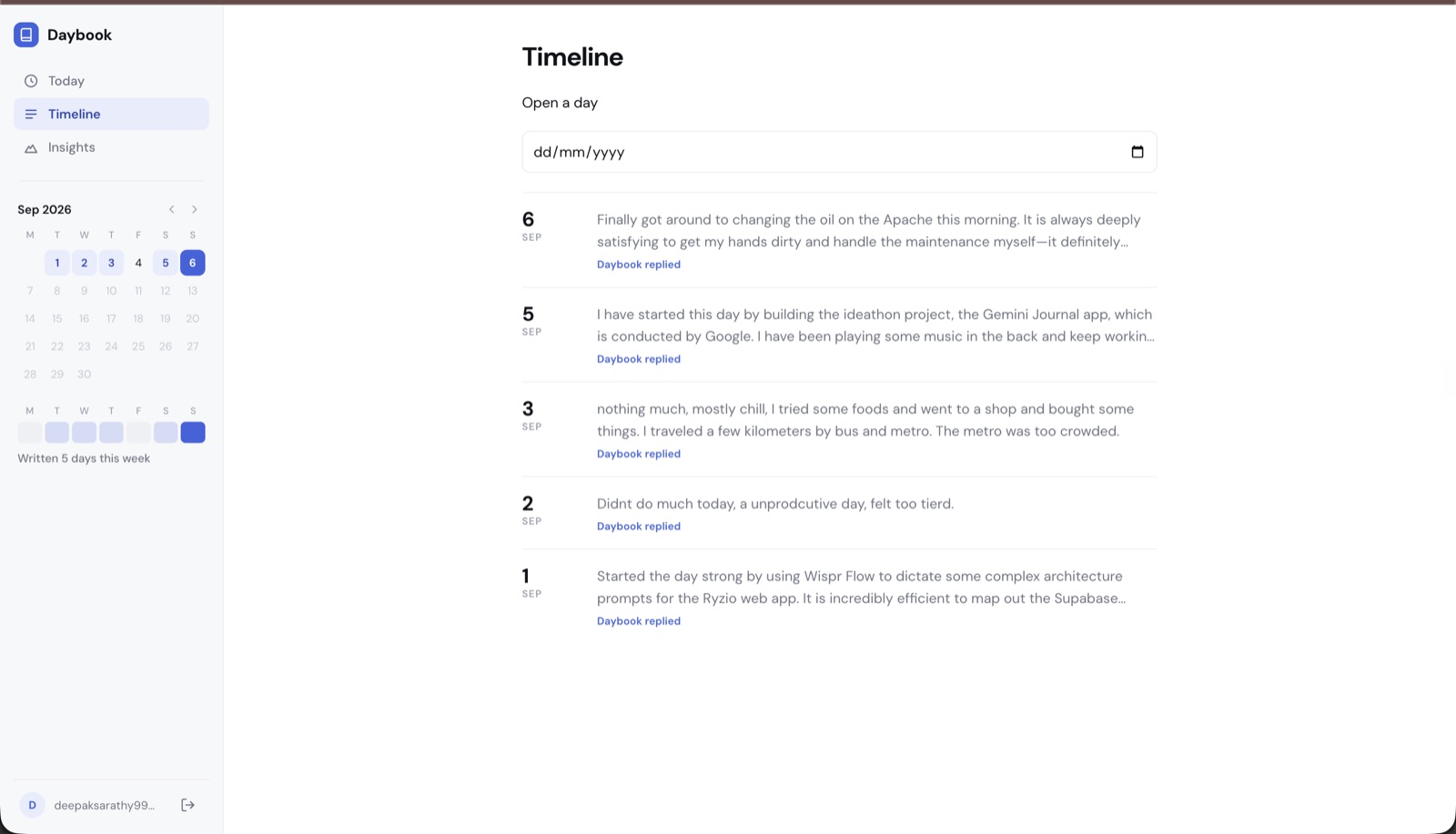 Daybook’s Timeline showing entries for Sep 1, 2, 3, 5 and 6, with Sep 4 missing from the calendar