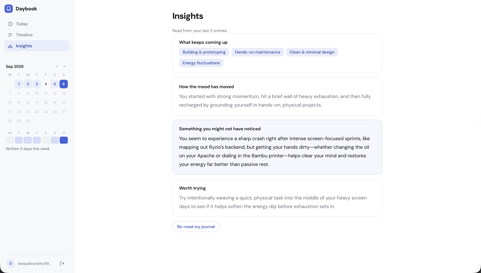 Daybook’s Insights view reporting that a sharp crash follows intense screen-focused sprints and that hands-on work restores energy better than passive rest