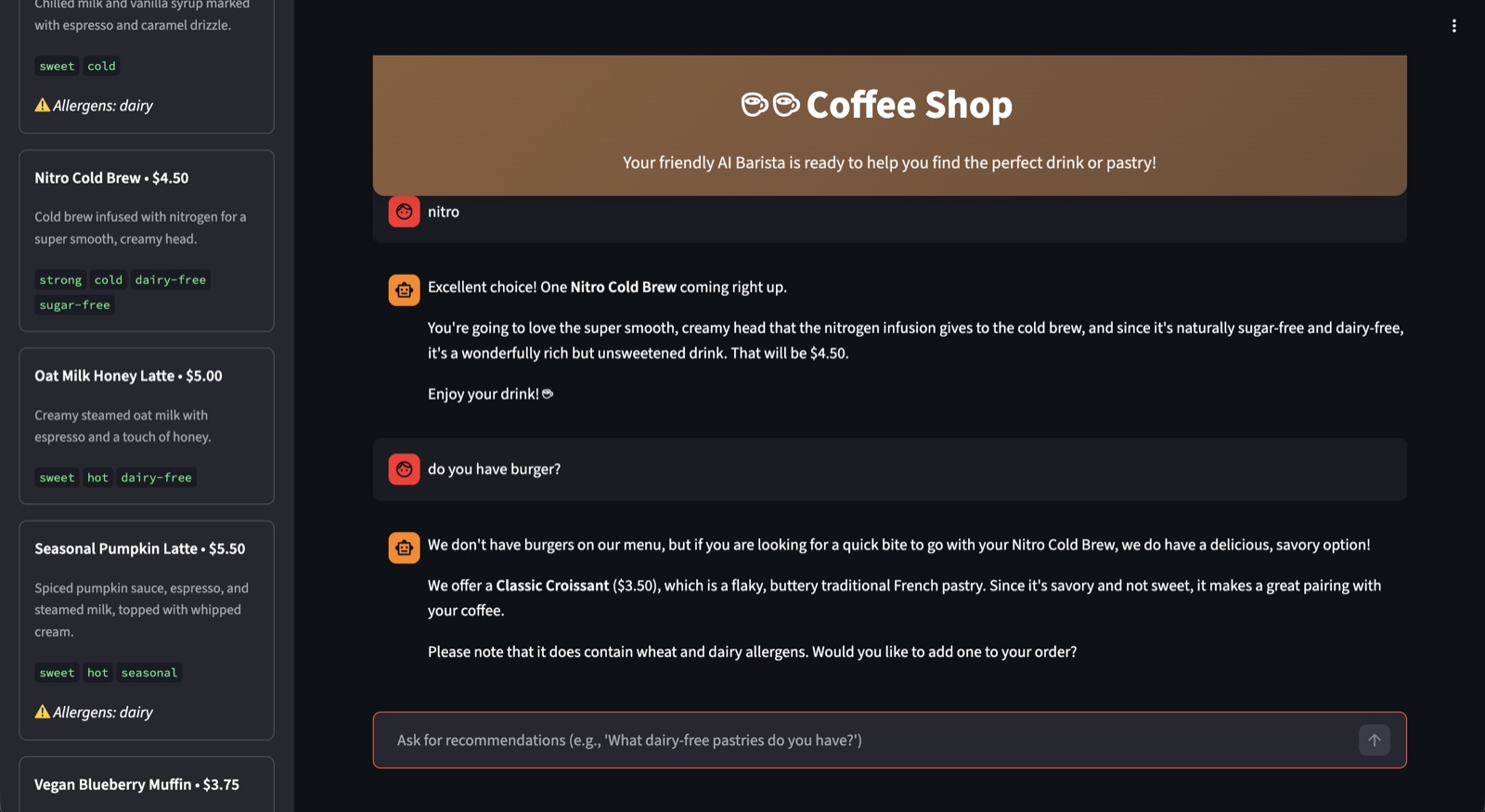 Coffee shop AI barista replying that it has no burgers and offering a Classic Croissant instead, noting wheat and dairy allergens