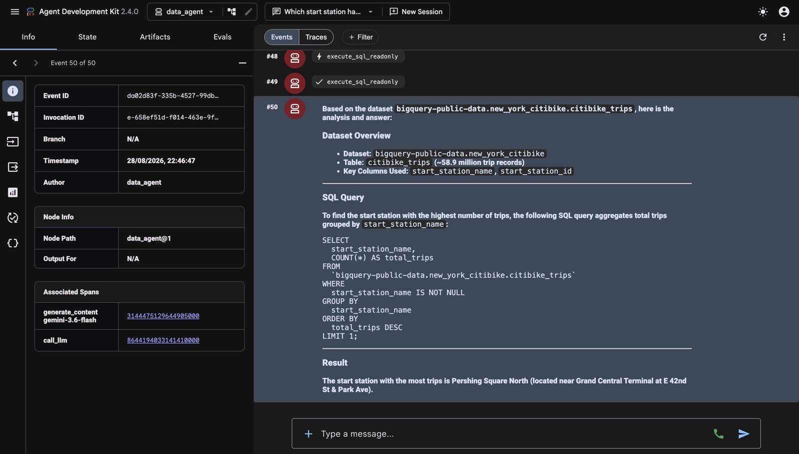 Agent Development Kit trace showing the data agent running read-only SQL against the BigQuery Citi Bike table and answering that Pershing Square North is the busiest start station