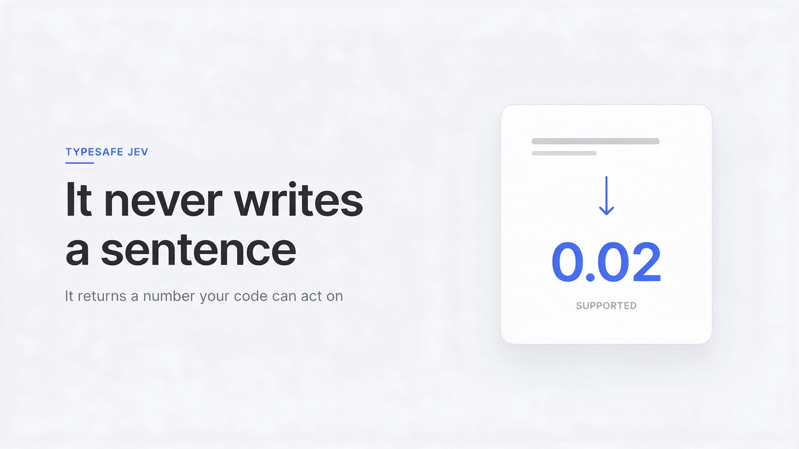 Illustration: TypeSafe Jev returns a number rather than a sentence, shown as a card where a resume bullet resolves to a score of 0.02